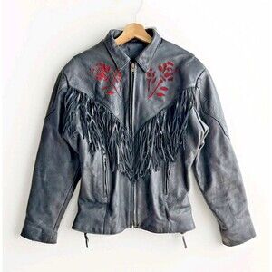 Vintage UNIK Premium Rose Fringe Motorcycle Leather Jacket Black Women’s Large